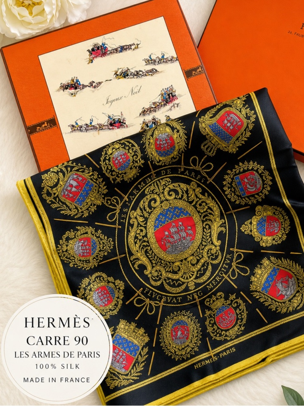 Hermes Les Armes de Paris Silk Scarf in Black and Gold